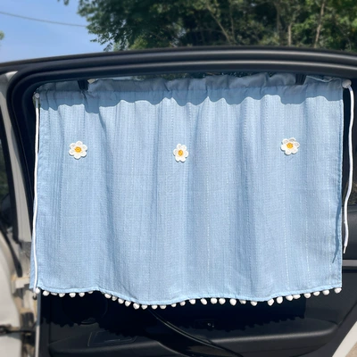 Car Window Sunshade Curtain, Sun Protection, Car curtains - sky-blue-three-little-flowers-car-curtain-1-piece-free-suction-cup-rope