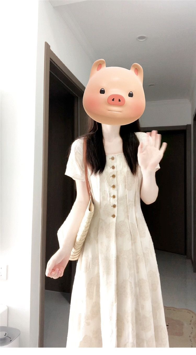Đầm suông midi cổ vuông họa tiết hoa nhí phong cách Pháp, tay ngắn, thắt eo tạo dáng thon gọn — màu mơ chi tiết 4
