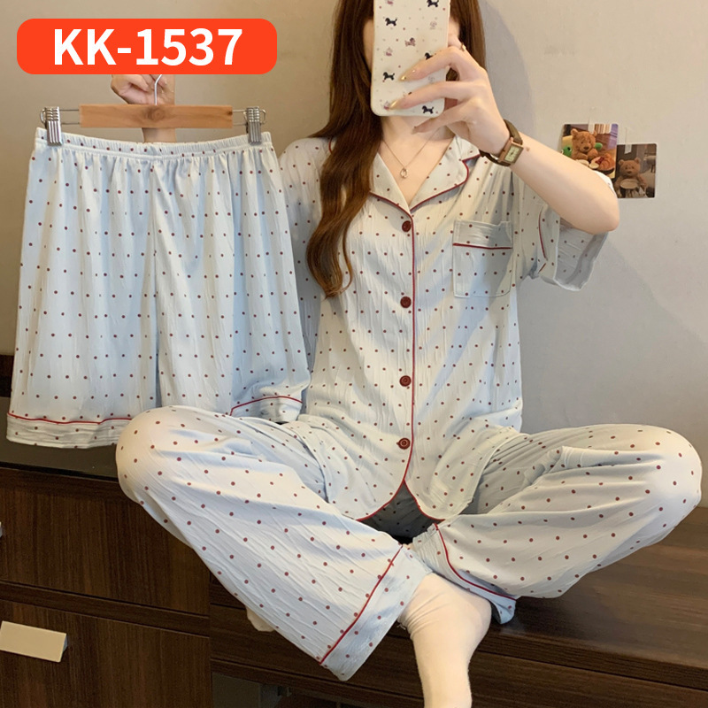 ネットセレブ人気の女性用半袖パジャマ、夏のストライプリボン、スイートホーム服、しわのある布の3点セット、リアルショット卸売|undefined