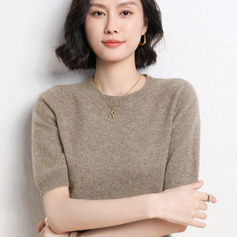 2025年春夏新作ニット半袖女性丸襟ボトムニットプルオーバー半袖セーターゆるいボトムセーター|undefined