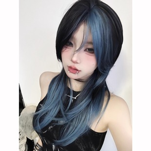 Wig Women's Middle Black Brown Gradient dark blue Bright Bangs Medium Long Wig Women's Wolf Tail Layered Hair Natural Whole Top