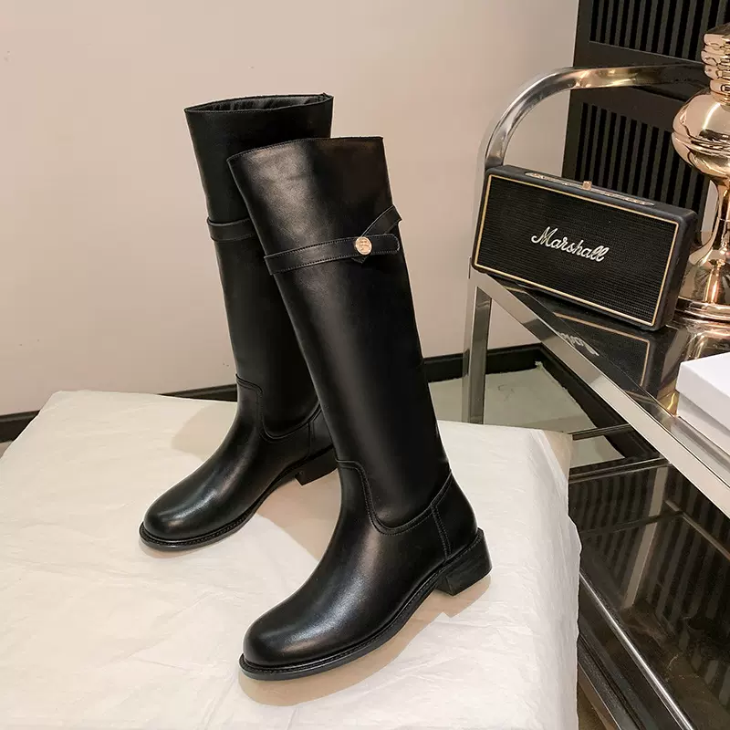 牛皮版小金币长靴女真皮粗跟高筒骑士靴2025新款秋冬不过膝长筒靴