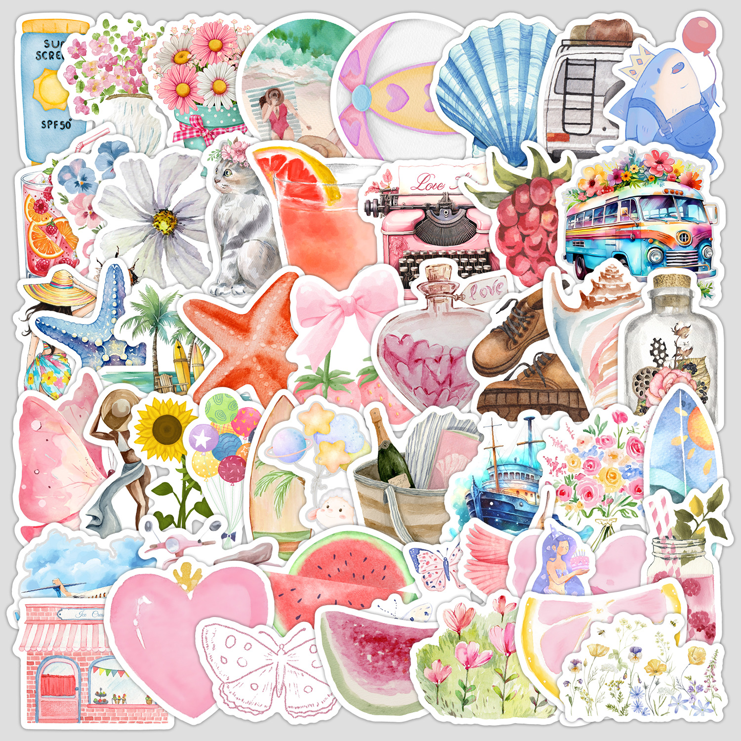 50张水彩日记涂鸦贴纸INS风手账DIY 手机行李箱防水装饰贴纸批发