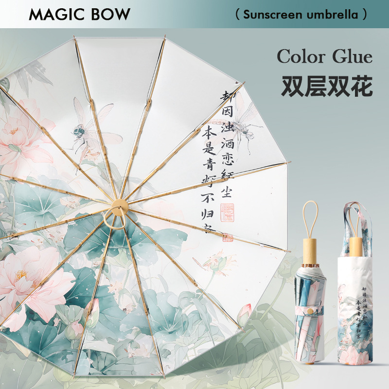 Paraguas plegable de doble capa con 24 varillas, resistente al viento y al sol, venta al por mayor para mujeres