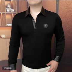 新款T恤男士翻领纯色春秋季薄款中年休闲男装打底衫体恤百搭上衣