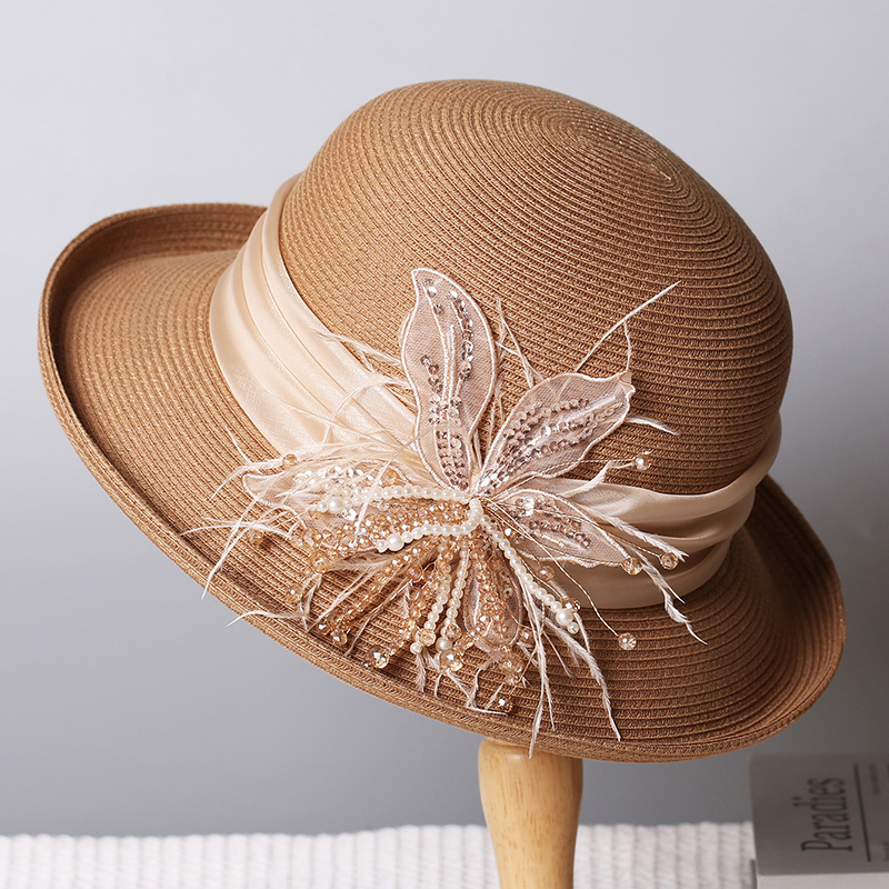 French Luxury Rolled-Edge Bucket Hat For Women, Summer Sun Protection Straw Hat, Elegant Beach Vacation Sun Hat Wholesale - Thumbnail 6