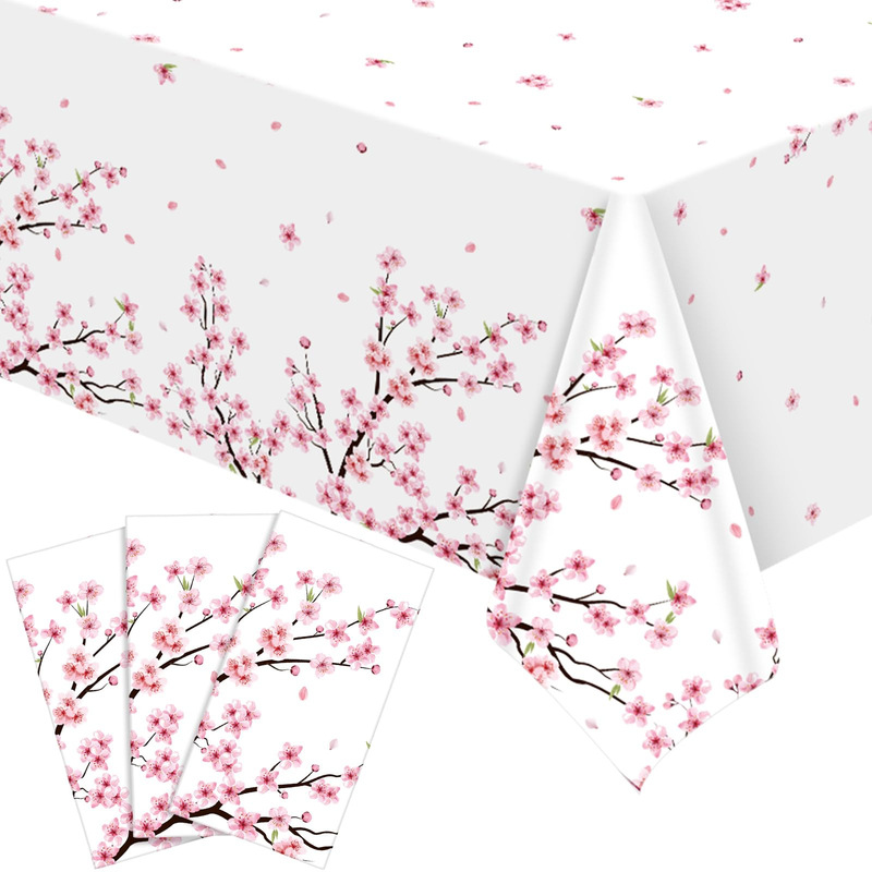 Cross-Border Foreign Trade Amazon Pink and White Cherry Blossom Pattern Tablecloth Digital Printing Creative Gift Removable and Washable Factory Direct Sale