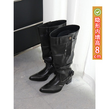 现货秒发~内增高尖头长筒靴女不过膝骑士靴大筒围显瘦粗跟堆堆靴