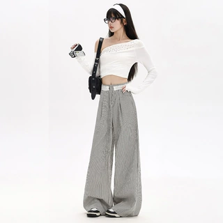 美式花边拼接条纹直筒休闲裤女秋季新款宽松显瘦阔腿长裤常规