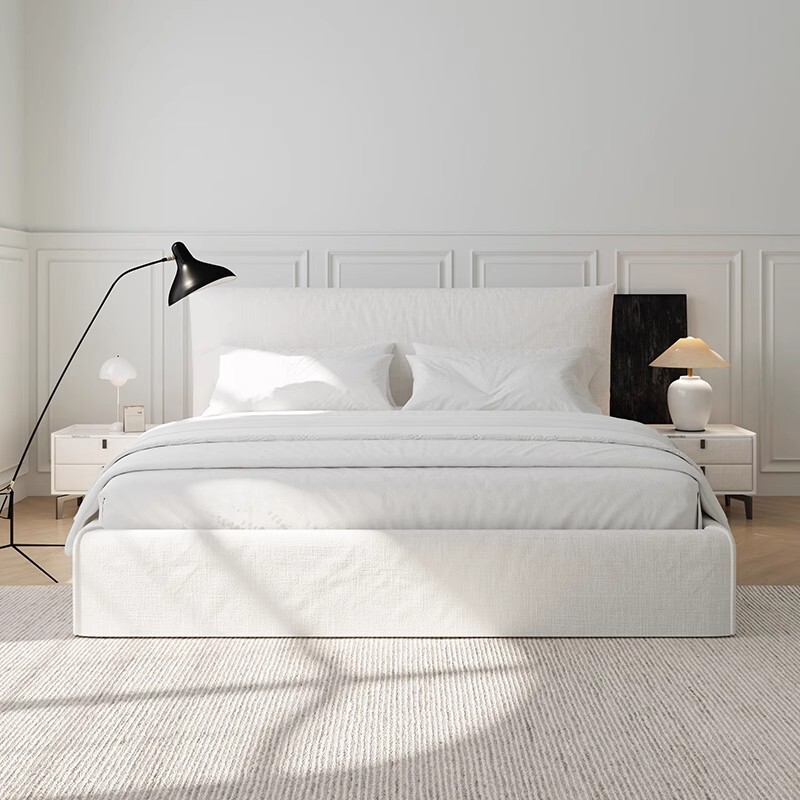 Wabi-Sabi Style Fully Removable and Washable Linen Fabric Bed Simple Double Bed B&B Style Beech Wood Soft Storage Fabric Bed