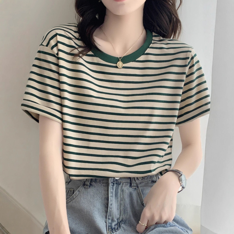 Casual Striped T-Shirt Women's Short-Sleeved 2025 Summer New Student Half-Sleeved Top Loose and Versatile Round Neck T-Shirt Ins