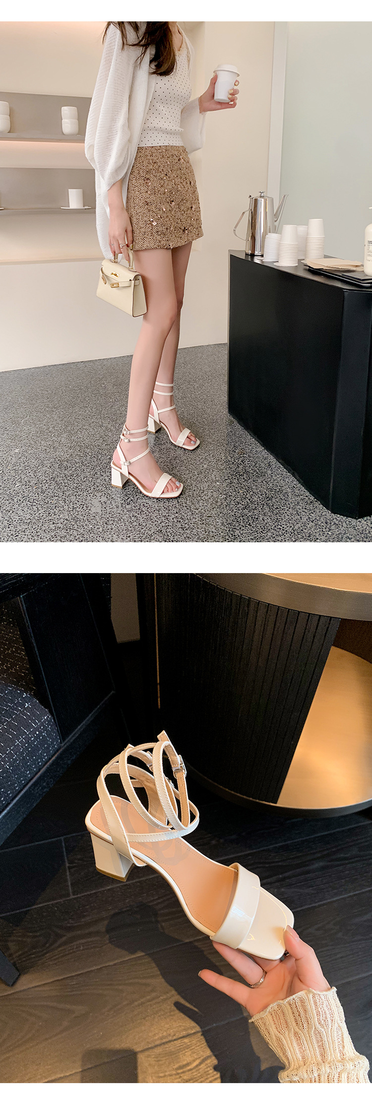 Sandal cao gót nữ quai ngang hở mũi mũi vuông gót vuông — Màu đen chi tiết 25