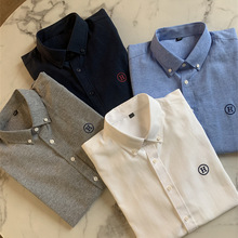 墙烈推荐!线下300+!时尚刺绣翻领纯色牛津纺休闲长袖衬衫衬衣潮男