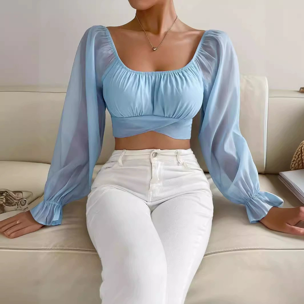 Шифоновые блузки с длинными рукавами, sexy длинный пояс, квадратный вырез