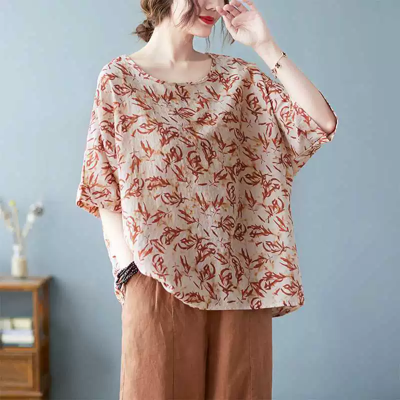 Футболка из хлопка и льна oversize, плюс размер, круглой горловины