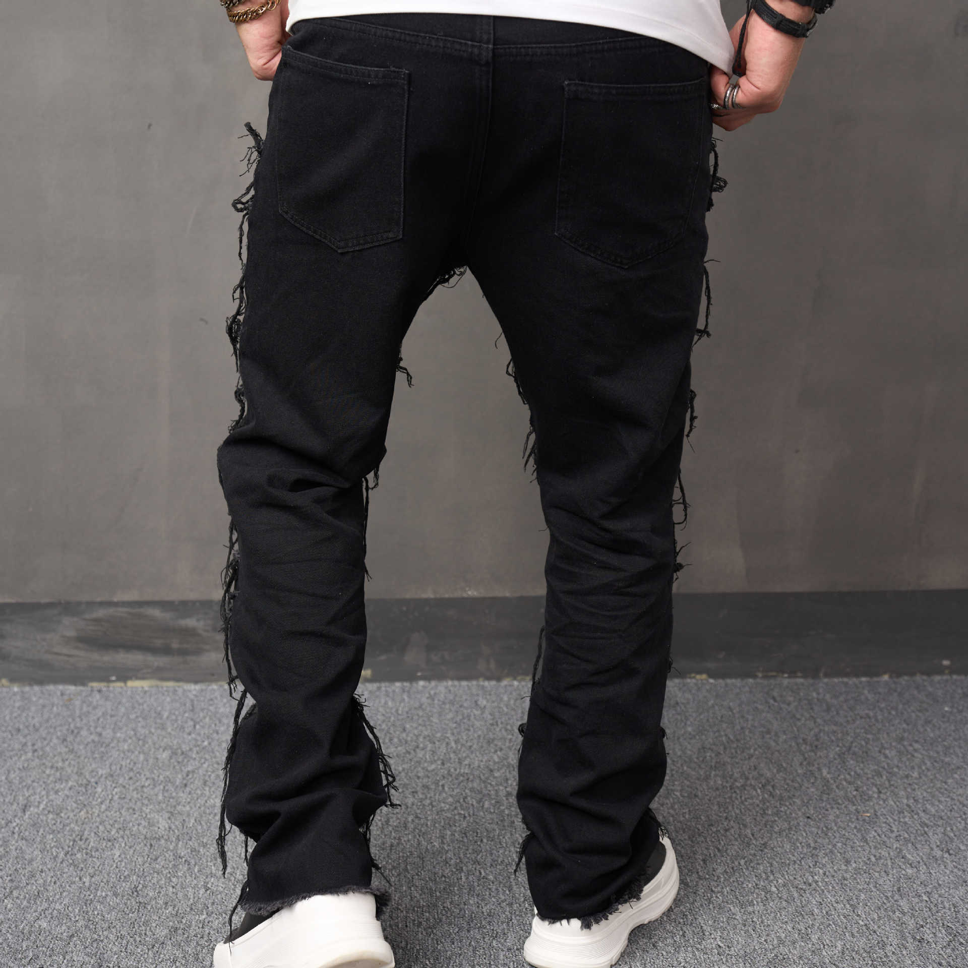 2023 New Ripped Slip Men's Loose Fashion Wide Leg Casual Solid Color Trousers Men's Trousers