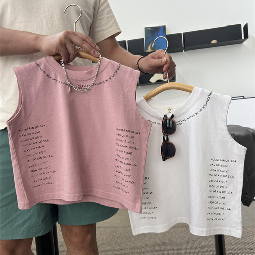2024 Summer Loose American Letter Tank Top for Boys and Girls, Bright Color Round Neck Trendy Cool No Sleeve Linen Cotton T-Shirt