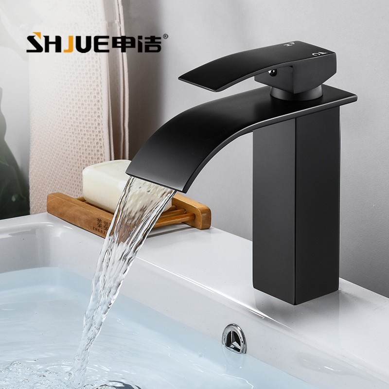 Cross-Border Waterfall Basin Faucet for Bathroom Washbasin, Black Hot and Cold Switch Waterfall Faucet