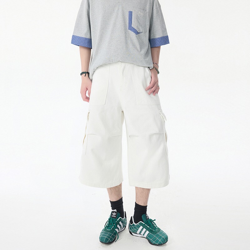 Trendy Pleated Multi-Pocket Cargo Shorts Unisex American Style Summer Loose Versatile Cropped Pants