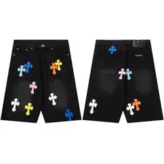 Cross-Border Ch Crow 2025 New Summer Style Cross Sanskrit Leather Denim Shorts Couple Model Dropshipping