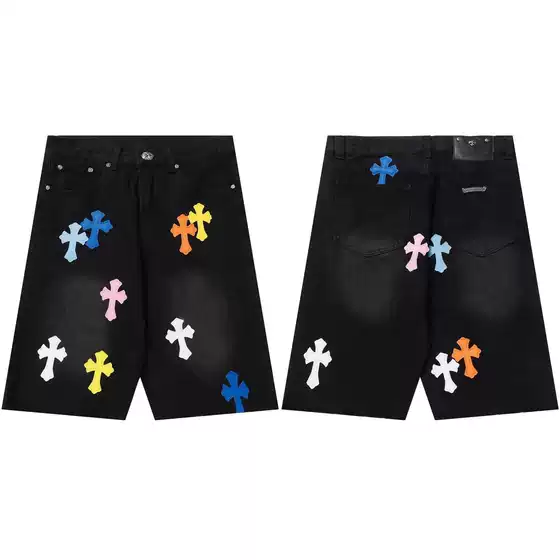 Cross-Border Ch Crow 2025 New Summer Style Cross Sanskrit Leather Denim Shorts Couple Model Dropshipping