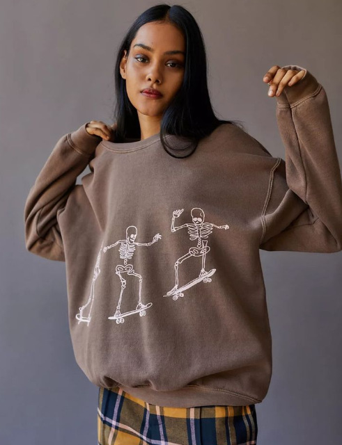 Autumn Winter Women Wear Long Sleeve Solid Color Skull Skateboard Printing Loose Casual Long Sleeves