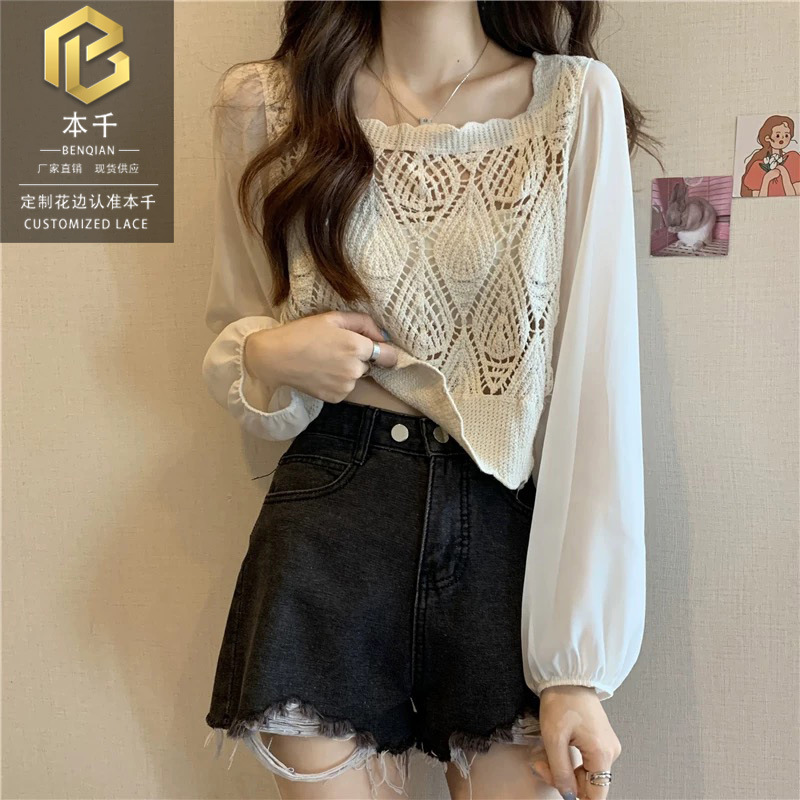 方领气质衬衣秋季上衣女款别致漂亮洋气小衫法式设计感短款上衣