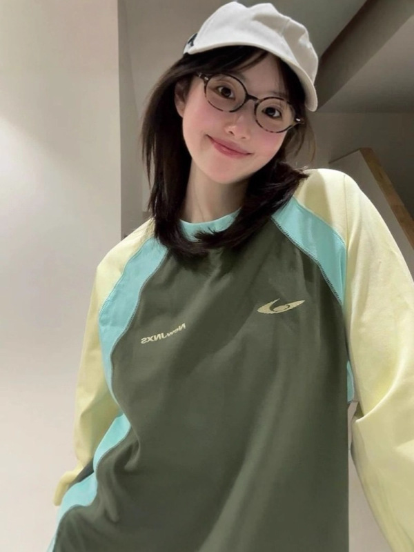 纯棉韩系撞色插肩袖圆领卫衣女2025秋季大码设计感小众情侣上衣潮|undefined