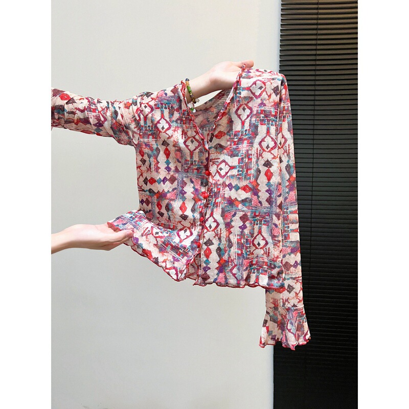 Unique Bohemian Geometric Long-Sleeve Mesh T-Shirt for Women, Autumn V-Neck Ruffled Short Cardigan Top Unique Bohemian Geometric Long-Sleeve Mesh T-Shirt for Women, Autumn V-Neck Ruffled Short Cardigan Top