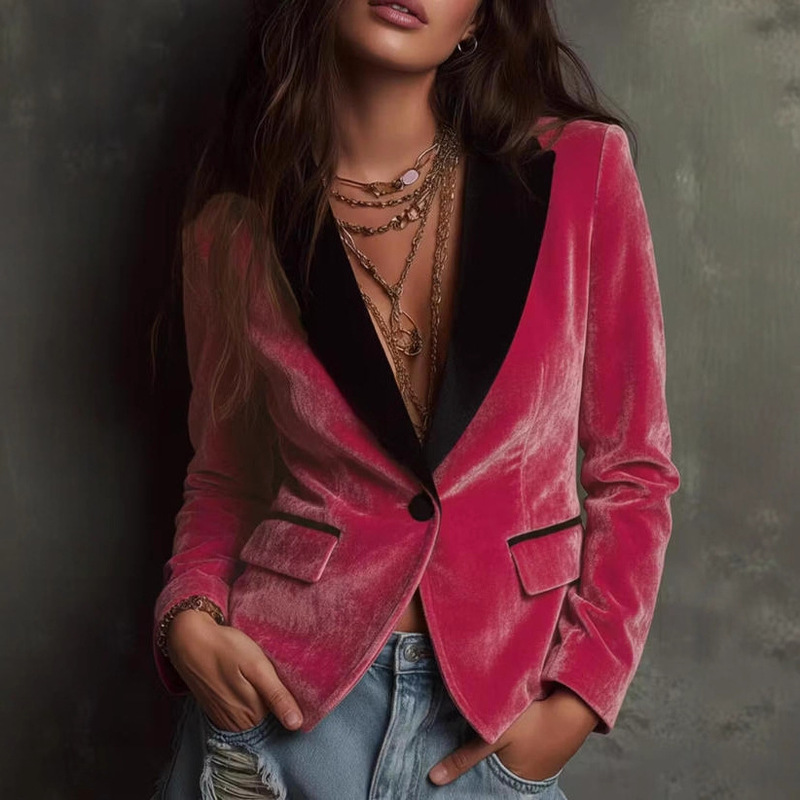 European and American Cross-Border Amazon Women's New Velvet Blazer Fashion Casual Single-Button Short Blazer Jacket for Women