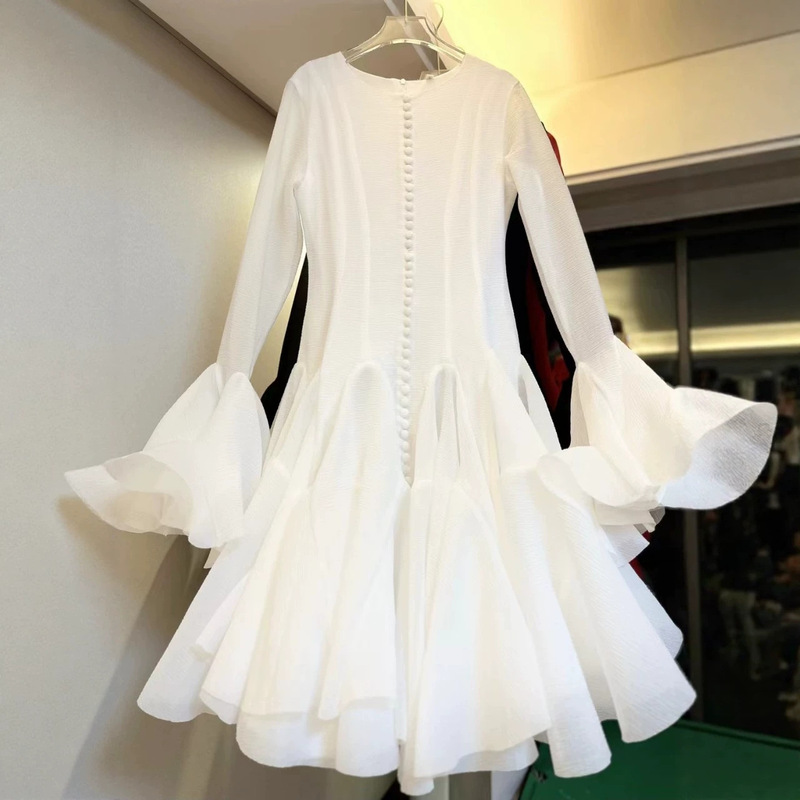 Flower Fairy Vietnamese Designer's Long-Sleeve Dress with Extended Button Placket, Petal Overlay, Geometric Cut, Slim Fit, and Gentle Style