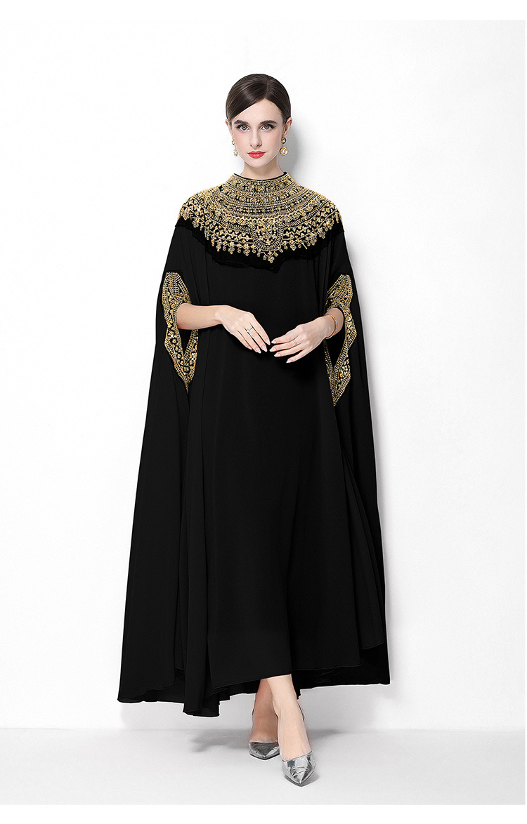 Đầm maxi nữ tay dài thêu hạt sequin cổ điển, dáng rộng che bụng — rượu vang đỏ, Vàng đen, Bạc đen, màu cam chi tiết 14