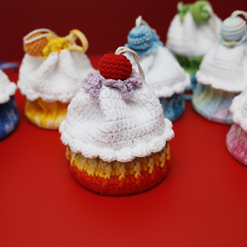 Sweet Lady Handmade Crocheted Cake Bag Girl's Summer Crossbody Coin Purse Wool Woven Finished Small Bag