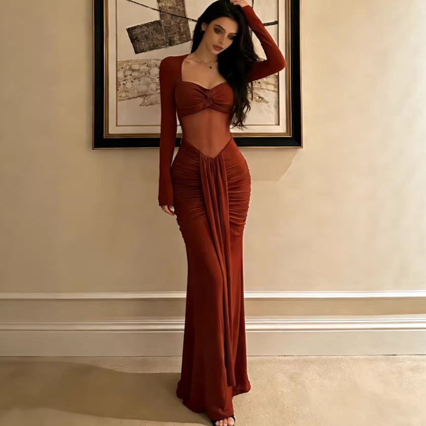 Women's Sexy Mesh Cutout Ruched Bodycon Midi Dress – Slimming Fish Hem Party Gown_ecoleips.com
