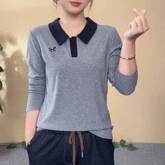 一件代发直播爆款2025秋季新款时尚拼色翻领长袖刺绣棉T打底衫女