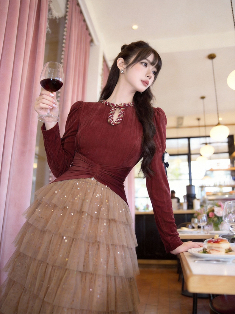 Đầm maxi nữ cổ tròn xuyên thấu eo thắt, kiểu bánh kem lưới tiên nữ — màu sắc chi tiết 1