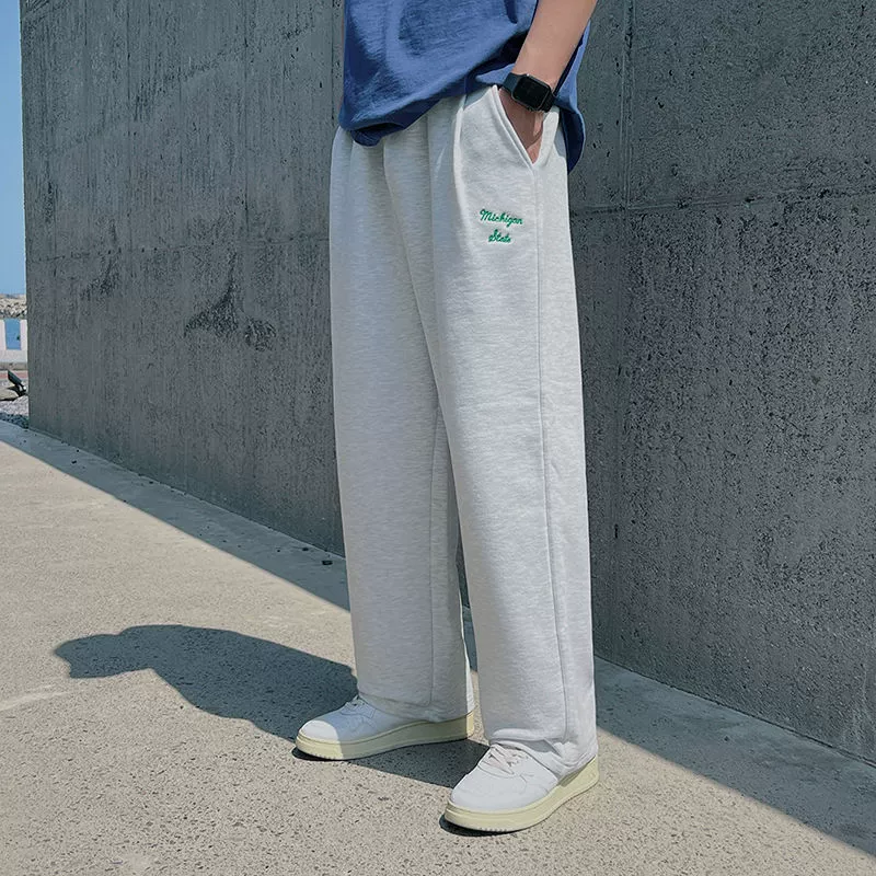 Прямые повседневные брюки, мужские спортивные штаны, летние свободные модные широкие спортивные длинные брюки в корейском стиле с вышивкой из чистого хлопка