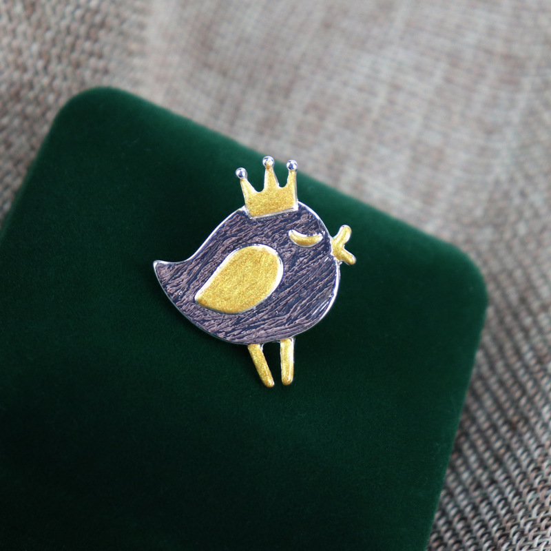 Japanese Designer Crown Chick Bird Brooch Pin Silver Base Not Blue_voghion.com
