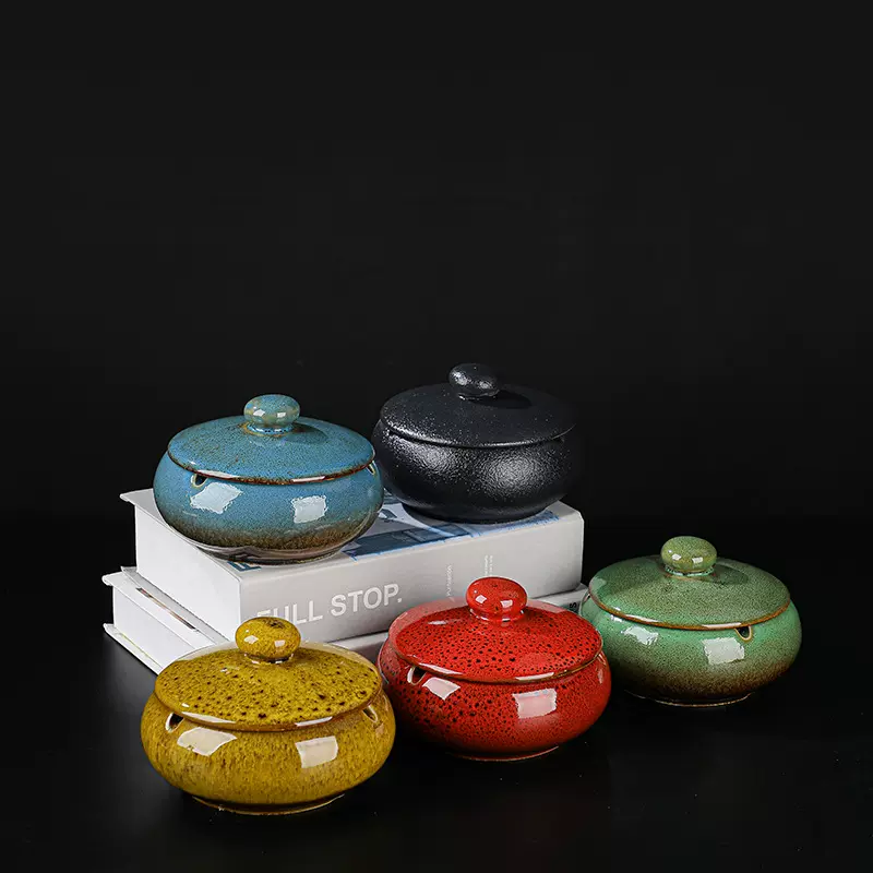 家用创意陶瓷烟灰缸加LOGO简欧中式复古窑变网红带盖工艺客厅摆件