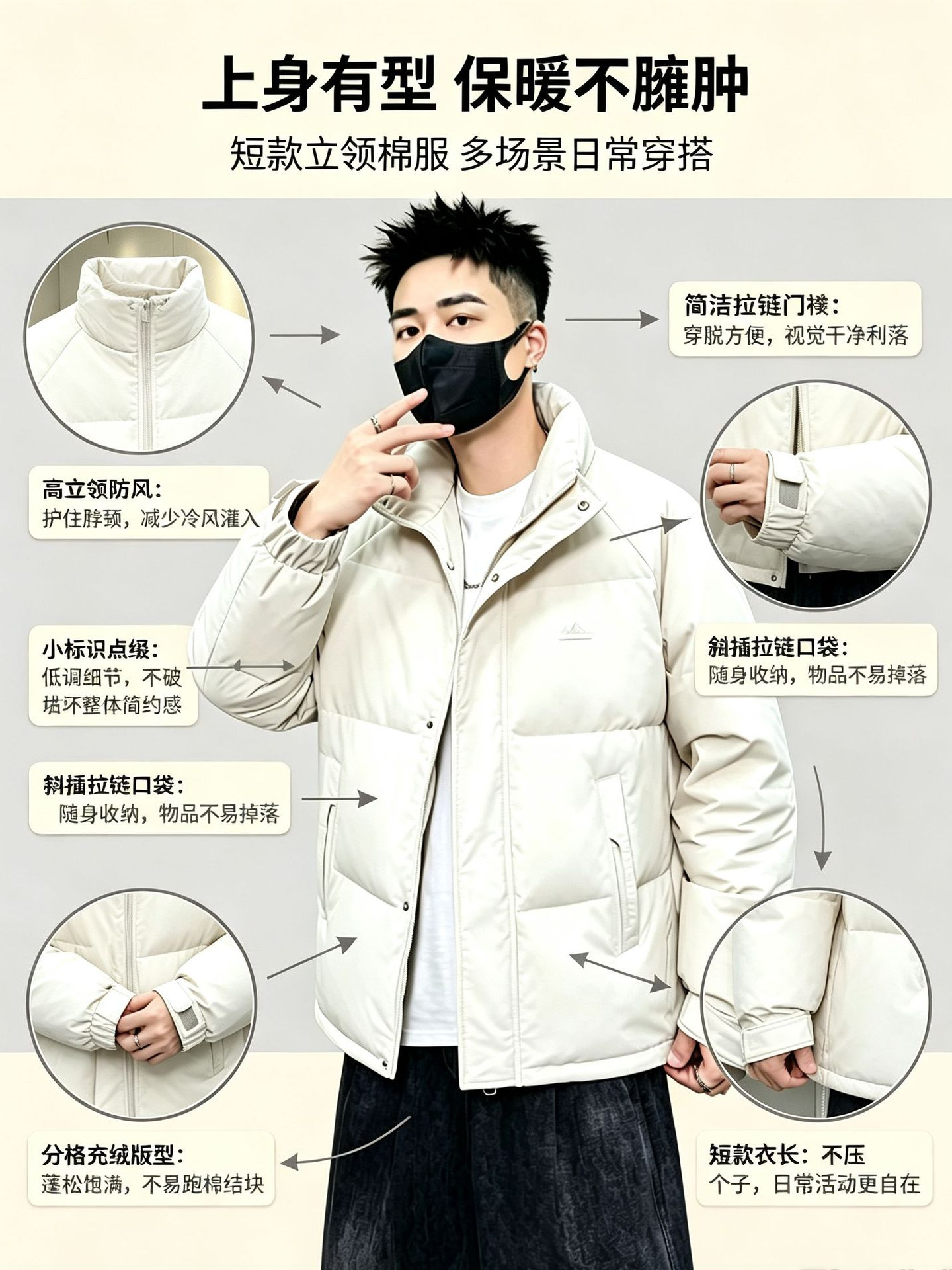 Chaqueta Corta Térmica Acolchada para Hombre de Poliéster, Térmico, Resistente al desgaste, para Invierno image 6