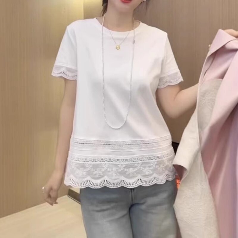 Plus-Size Women's Clothing 2026 Summer New Style for Chubby Women, Elegant Loose-Fitting Slimming Pure Cotton Lace Short-Sleeve Round-Neck T-Shirt Top