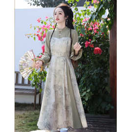 外贸女装新中式国风改良旗袍连衣裙女春季复古收腰显瘦气质长裙子
