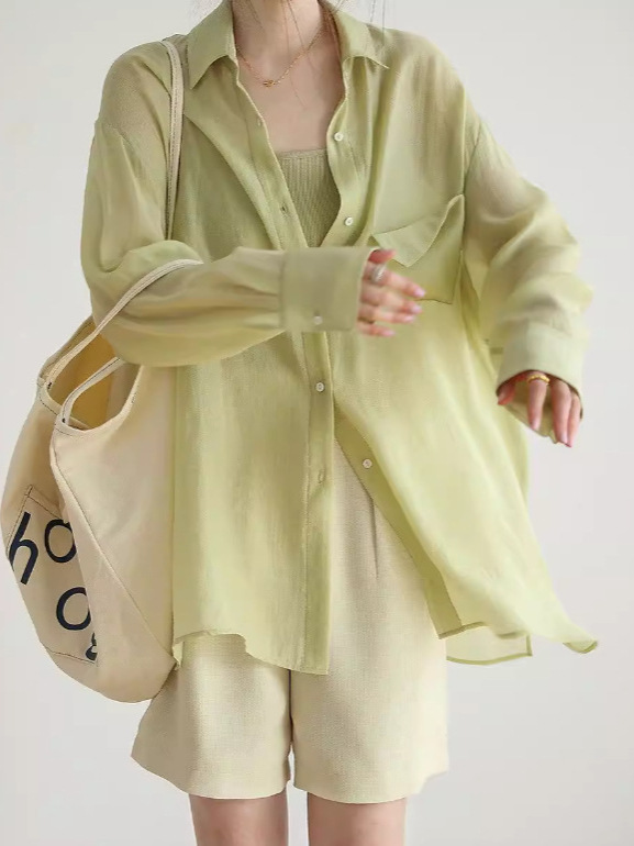 Áo sơ mi nữ chống nắng mùa hè kiểu Pháp chất lụa mỏng rộng thùng thình — Xanh lá cây nhạtcolor, bạc hà xanh