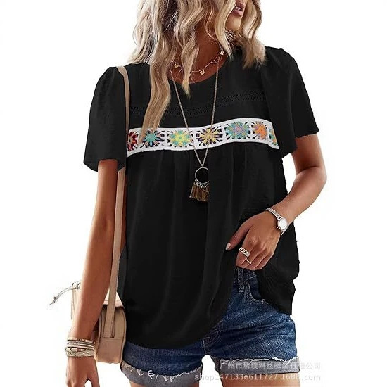 2026 Amazon European and American Foreign Trade Cross-Border Women's Summer Round Neck Crochet Pom-Pom Short-Sleeve Top Casual Shirt