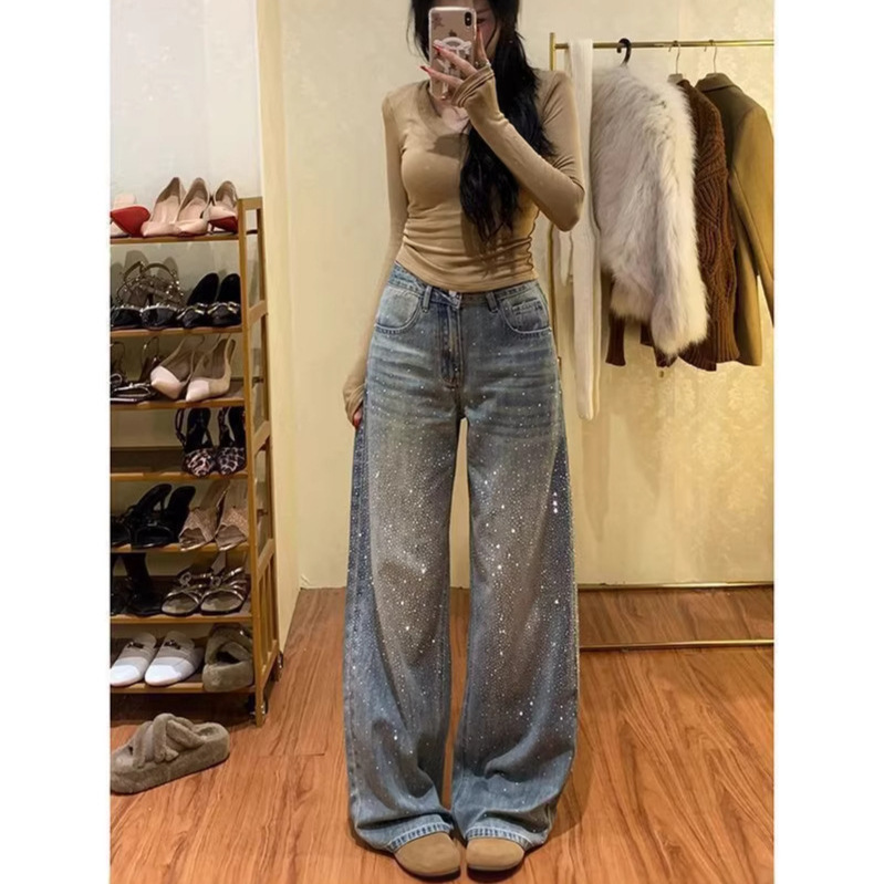 Starry Rhinestone Jeans 2026 Spring Hot-Selling High-Waisted Slimming Leg-Lengthening Wide-Leg Women's Pants Starry Rhinestone Jeans 2026 Spring Hot-Selling High-Waisted Slimming Leg-Lengthening Wide-Leg Women's Pants