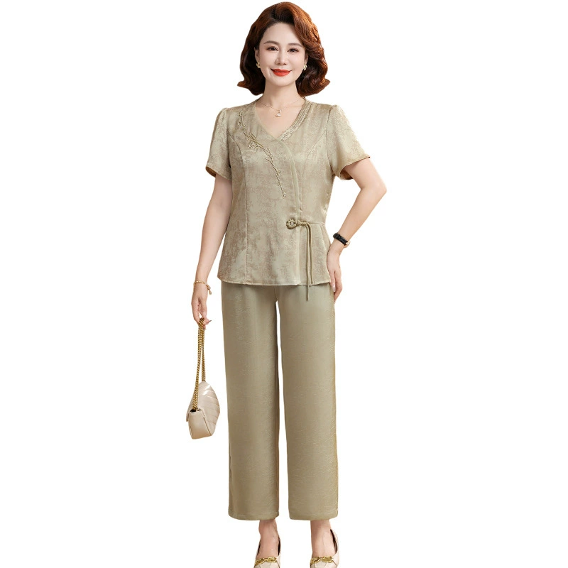 Модный летний костюм для свекрови в китайском стиле для женщин, летний костюм для мам среднего возраста, новый китайский жаккардовый топ из двух предметов.