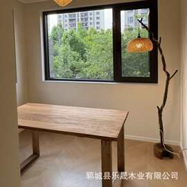 家用老榆木茶桌客厅长方形实木餐桌泡茶桌办公室复古侘寂风木板桌