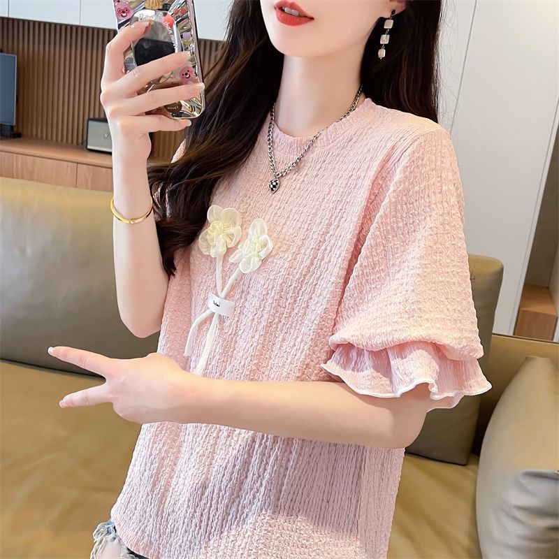 Sensación de diseño de nicho camiseta de manga corta con manga de hoja de loto para mujer verano versión coreana suelta de gran tamaño para mujer color de contraste pequeño top image 3