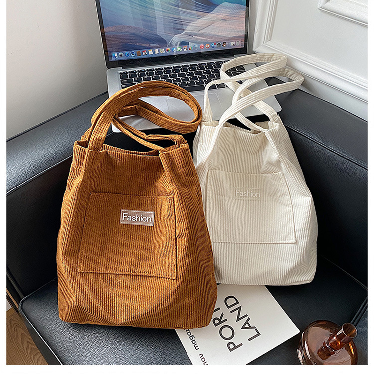 Japanese-style casual and artistic handbag, ins letter-embroidered canvas shopping bag, trendy and fashionable corduroy single-shoulder bag undefined
