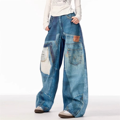 Spring and Autumn American Street Retro Design Patchwork Print Jeans for Men and Women Loose Straight Leg Wide Leg Pants